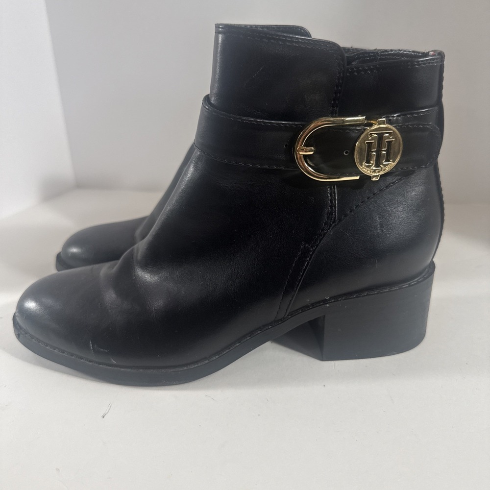 Womens Tommy Hilfiger Ornamented Gold Zip Up Black Bootie Size 5.5 Chunky Heel - Picture 4 of 7